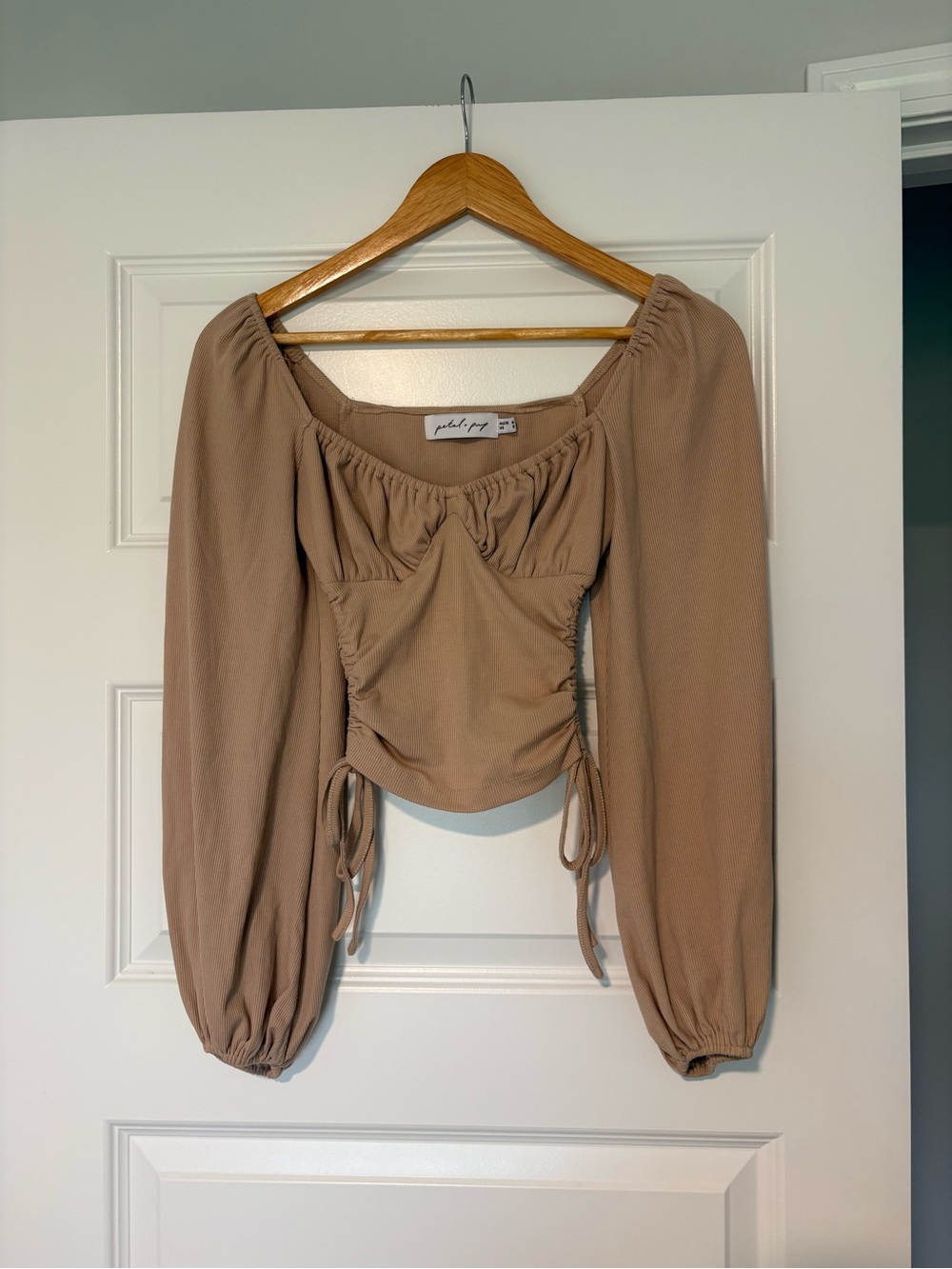 Petal & Pup Taupe Drawstring Ruched Crop Top Romantic Coquette Date Night Size 2
